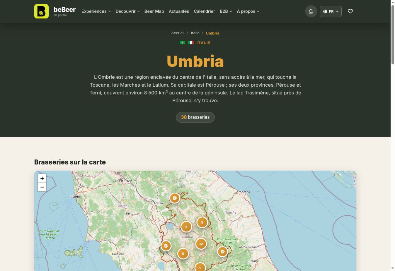 Umbria regional profile on the beBeer platform: overview and map of breweries
